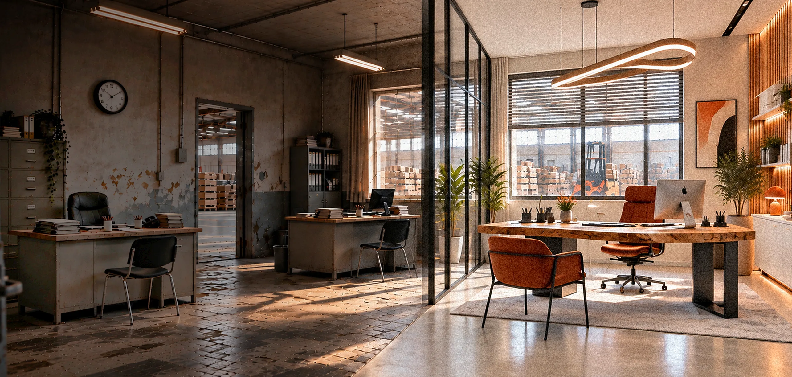 Bureau d’entrepôt, avant et après rénovation