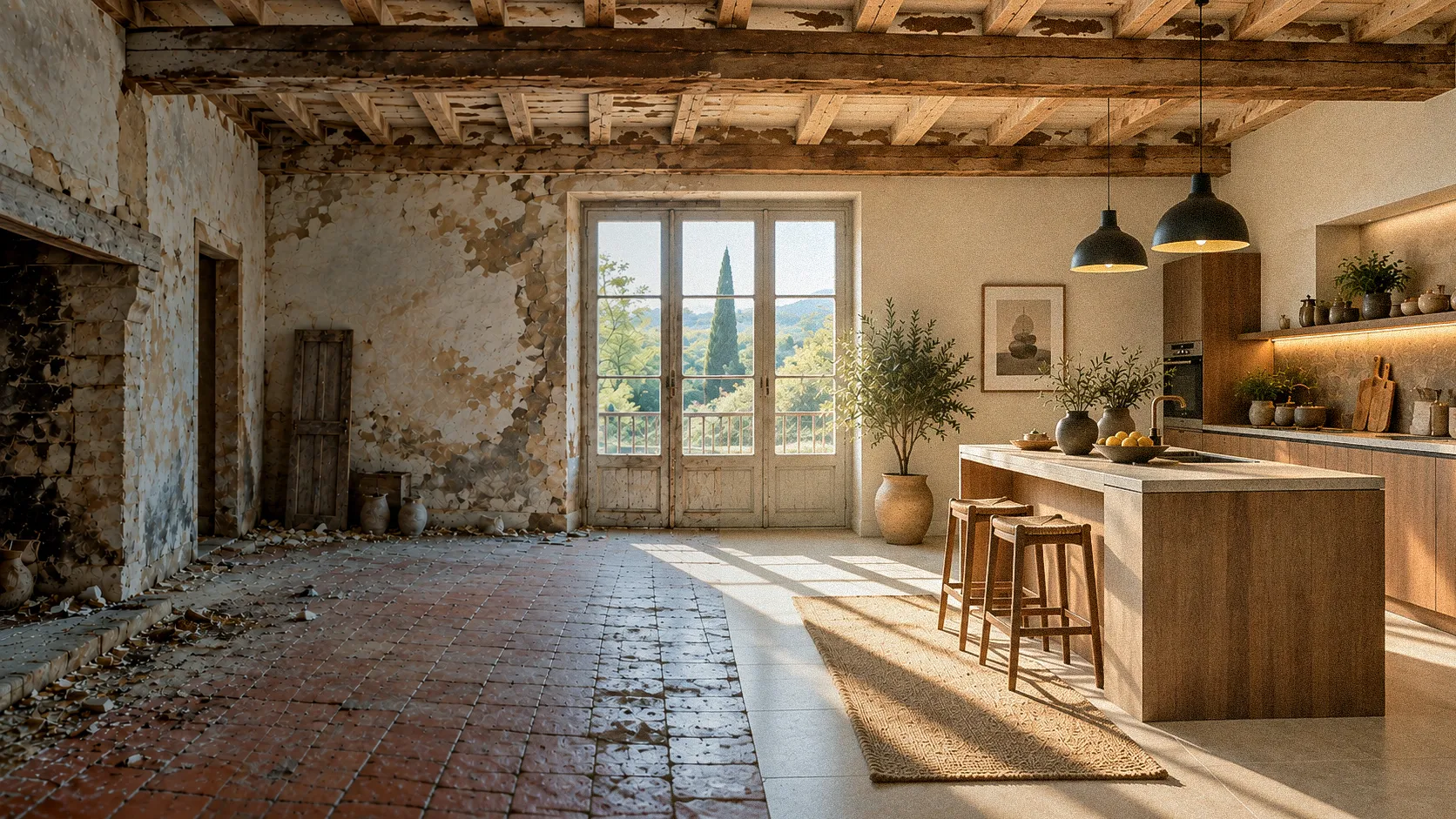 Cuisine d’une maison ancienne, avant et après rénovation