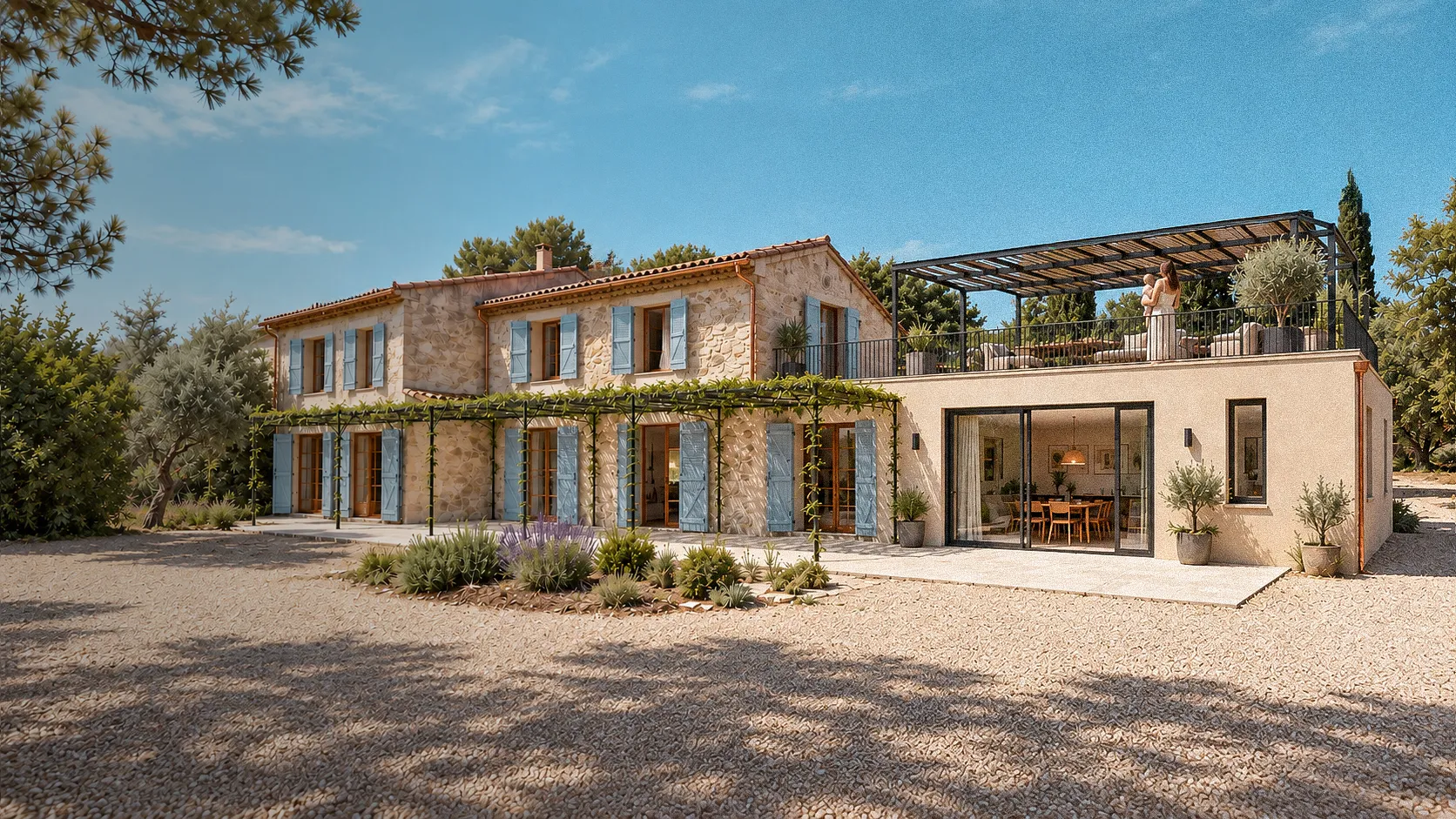 Maison traditionnelle agrandie par une extension à toit-terrasse